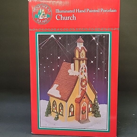VINTAGE 90s ST.NICHOLAS SQUARE "CHURCH" PORCELAIN LIGHTED BUILDING - Picture 8 of 9